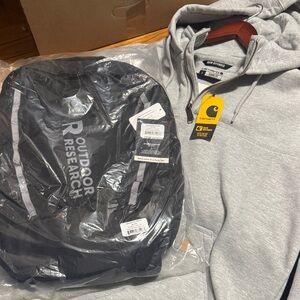 Carhartt Light Gray Hoodie Large with Black Backpack outdoor research